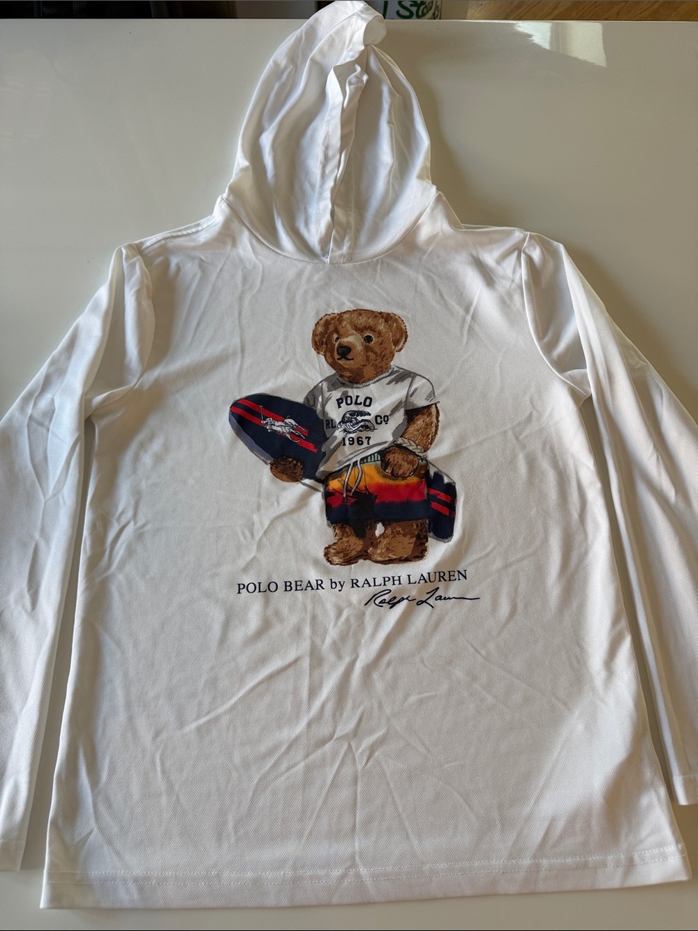 Ralph Lauren White Kids Swim Rashguard with Polo Bear Graphic